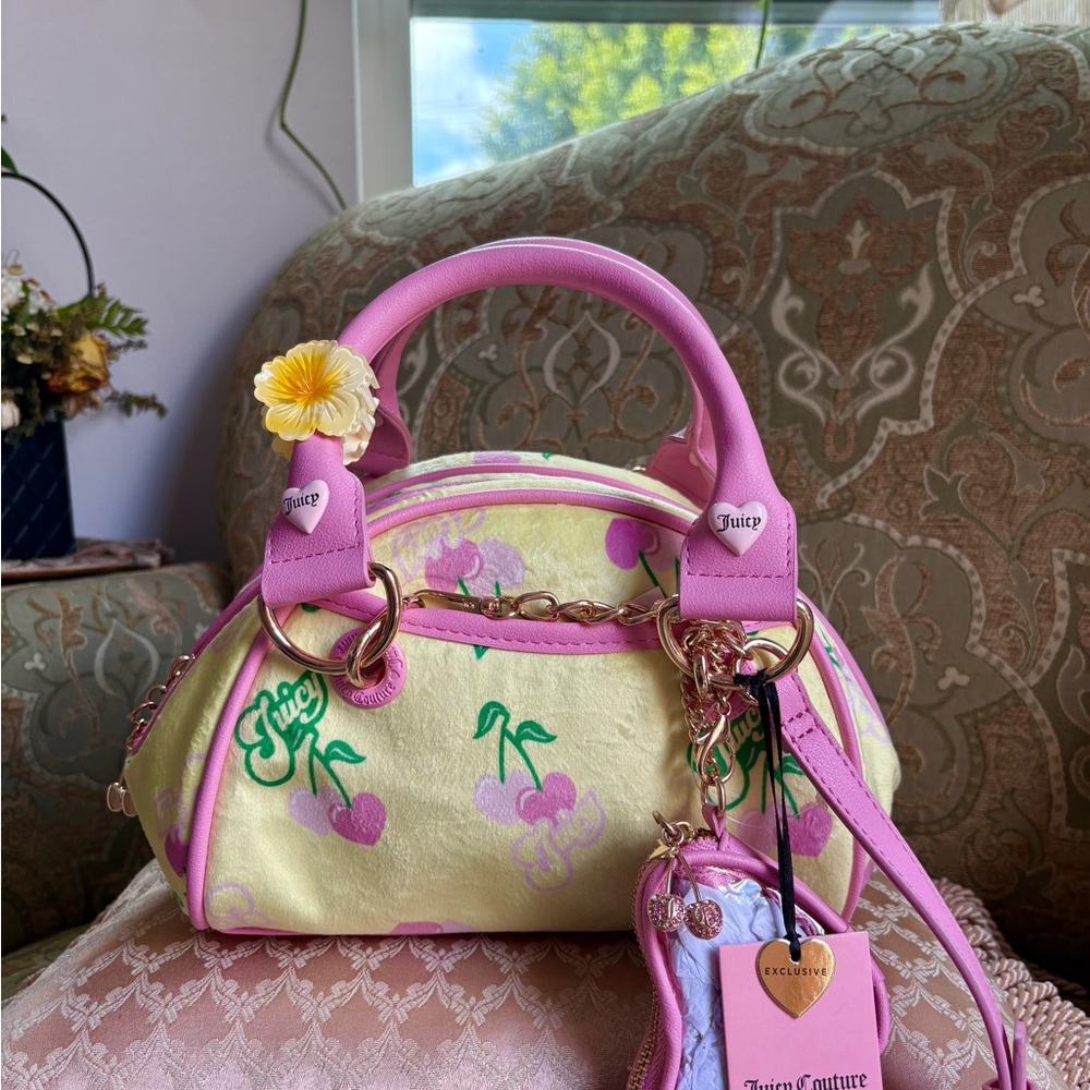 Juicy Couture Retro Yellow Cherry Satchel + free mini hair clip